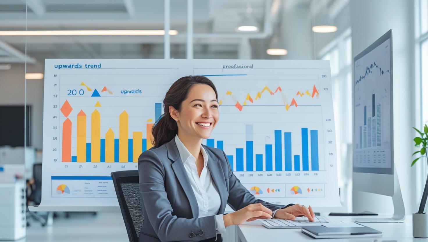 A happy office worker looking at Charts and graphs in an office environment, showing an upward climb