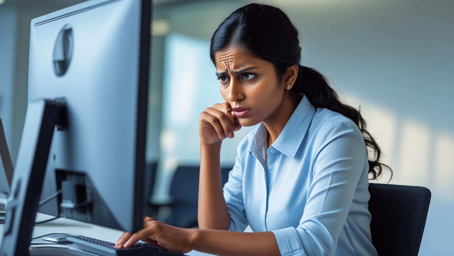 An office worker looking at a computer screen with a concerned look on her face