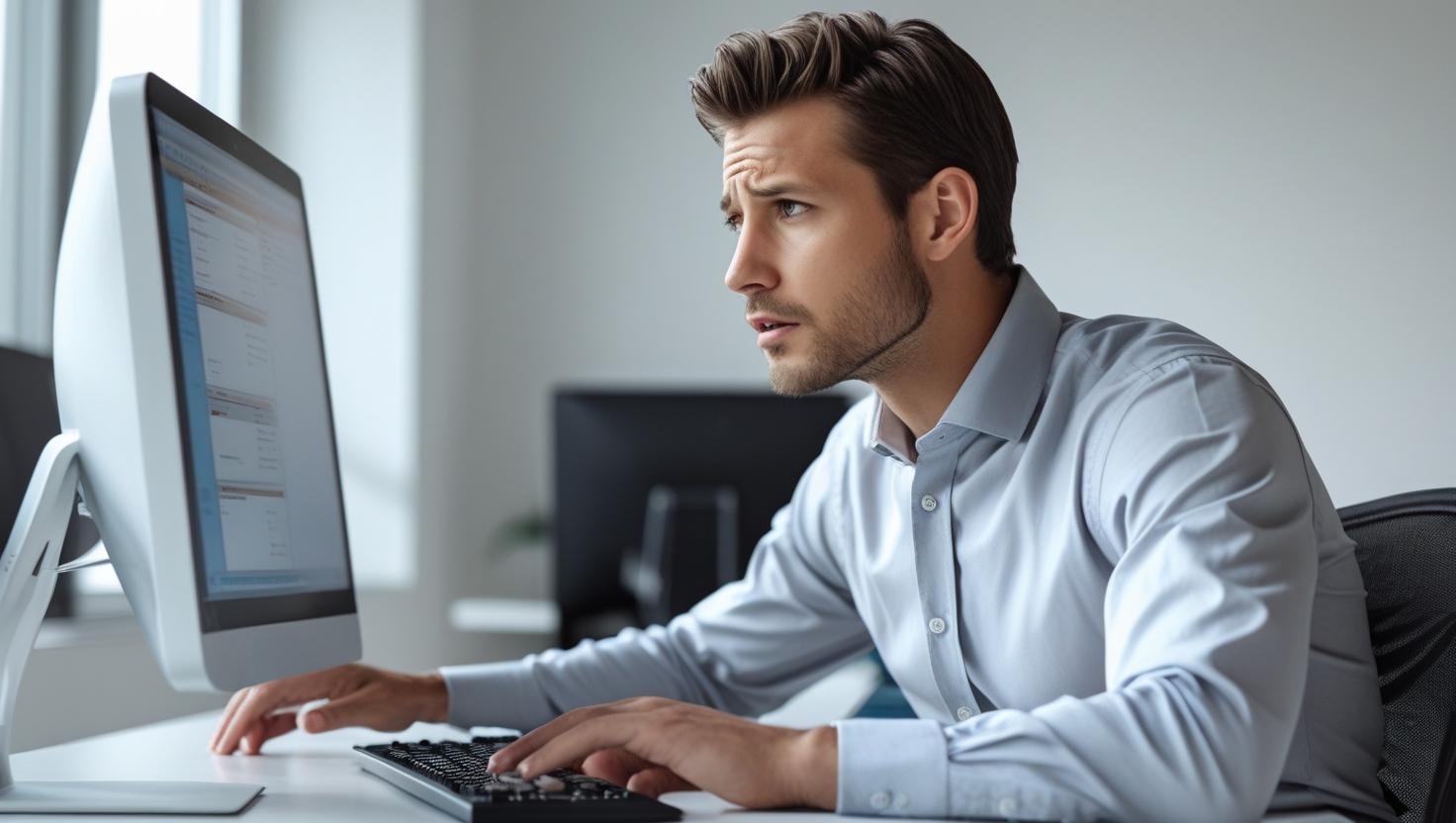 An office worker looking at a computer screen with a concerned look