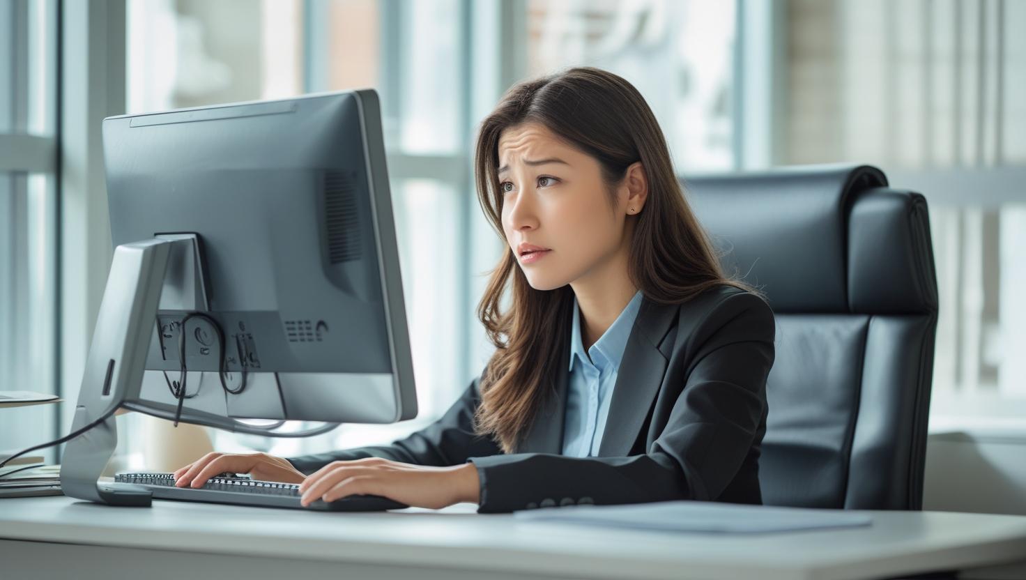 An office worker looking at a computer screen with a slightly concerned look on her face