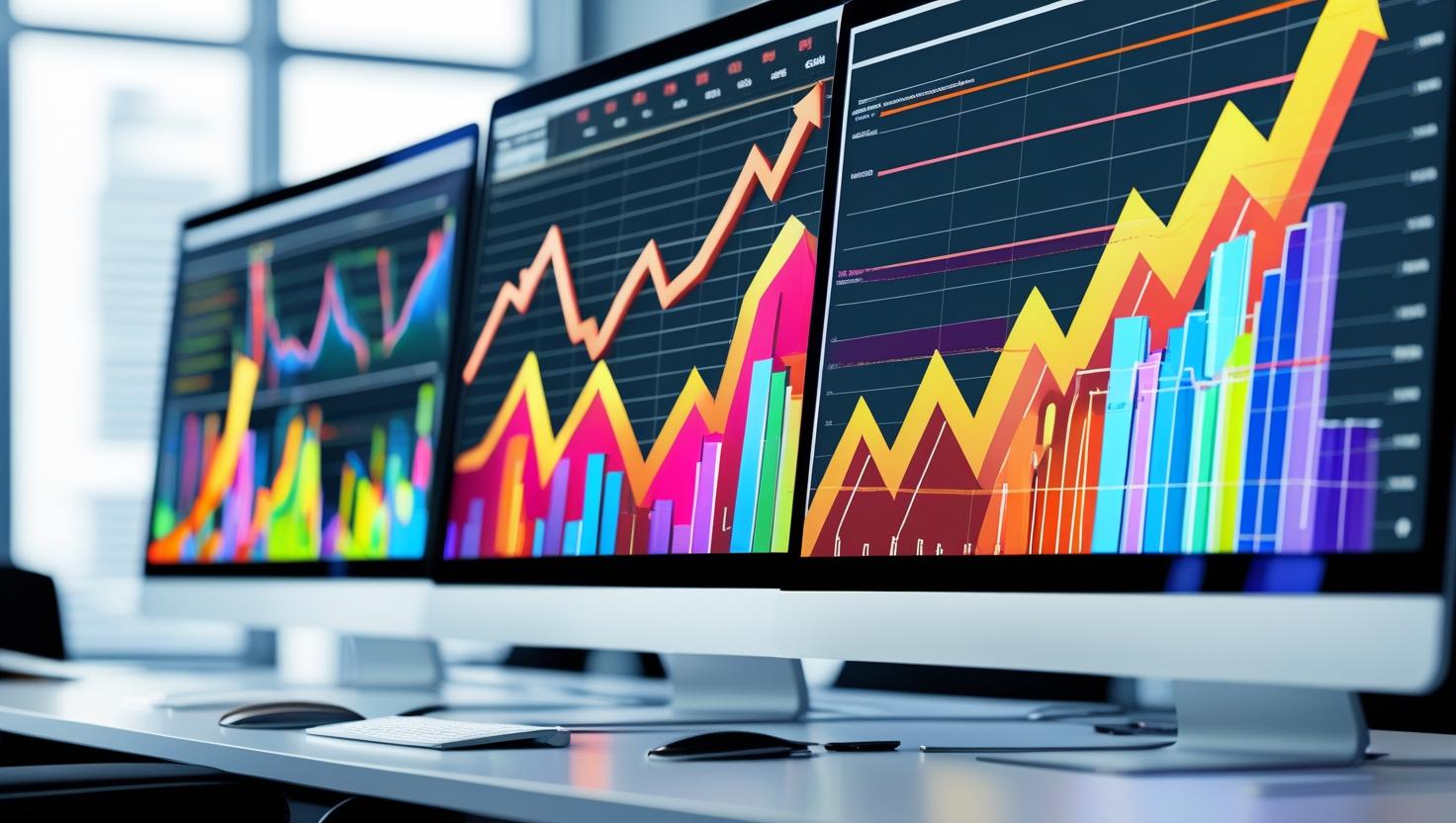 Charts and graphs on computer screens showing an upward climb.