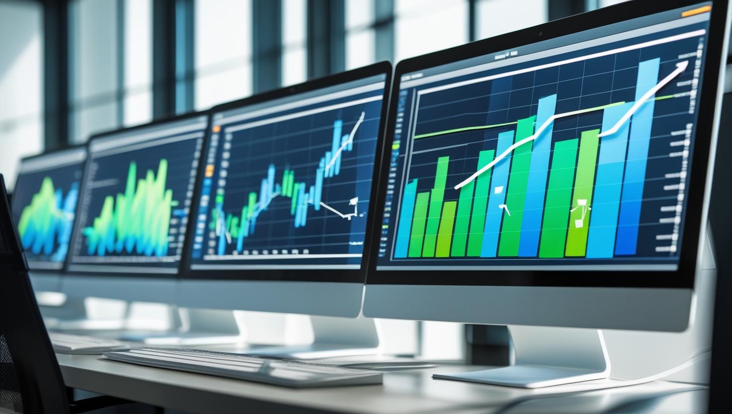 Charts and graphs on computer screens showing an upward climb