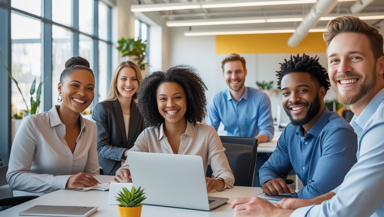 Mid-sized office environment, with happy employees.