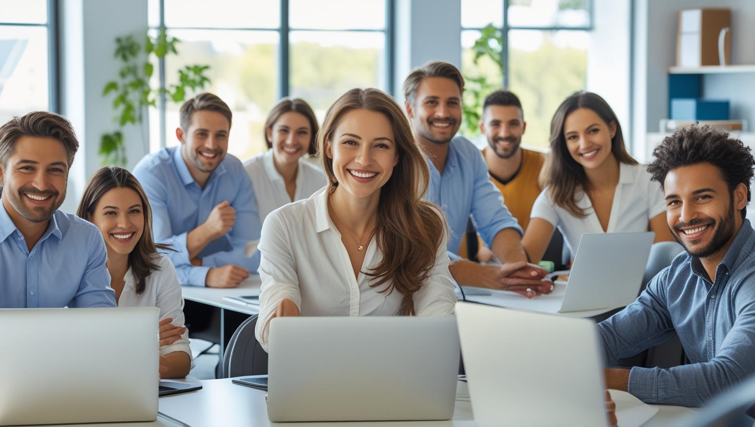 Mid-sized office environment, with happy employees.