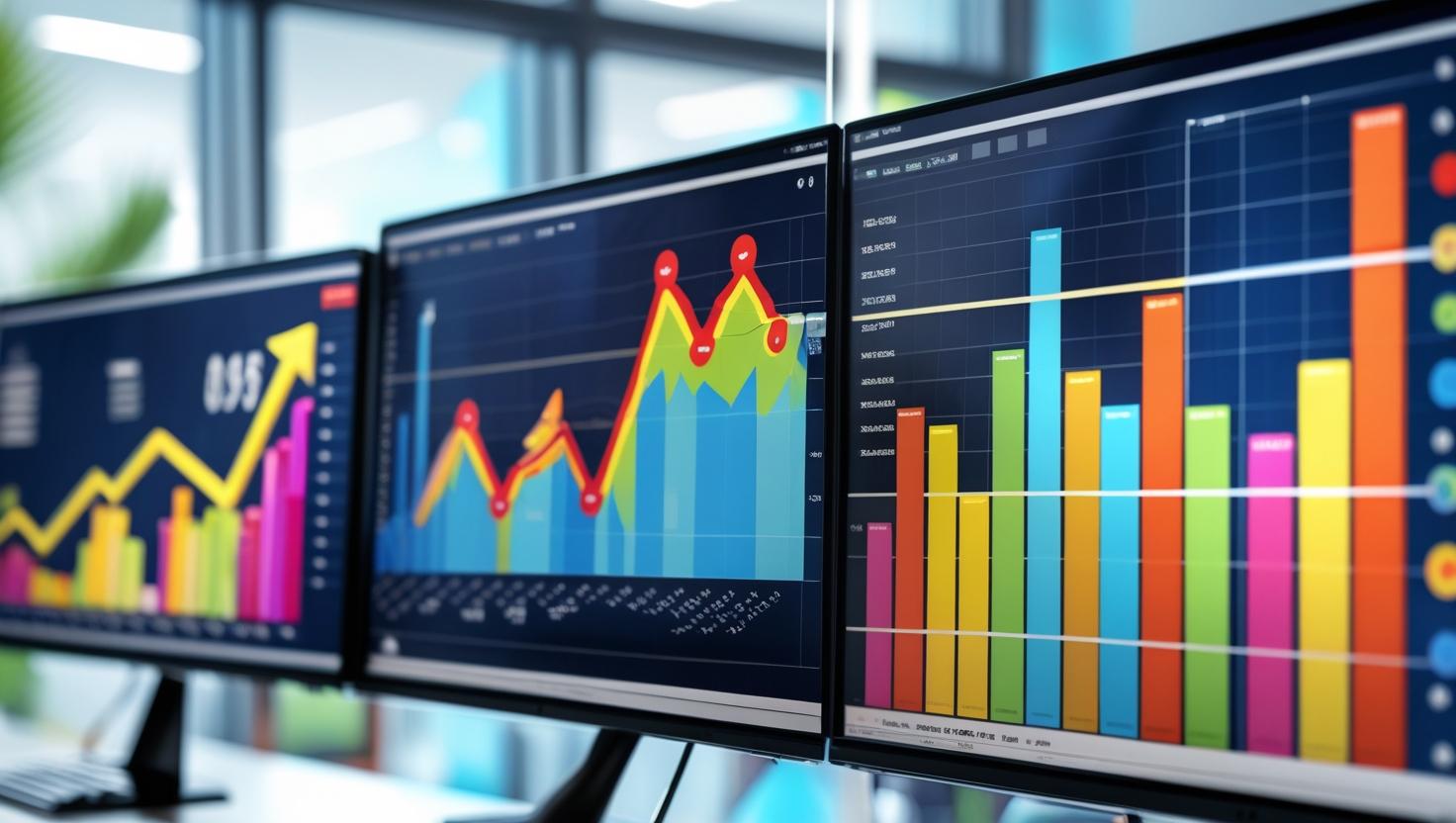 Charts and graphs on computer screens showing an upward climb